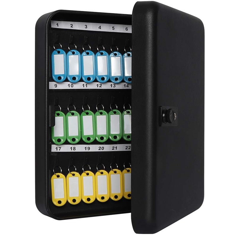 Jssmst Wall Mount Key Storage Box with Code, Locking Key Cabinet Security, 48 Key Hooks & Tags Labels, 11.81 x 9.45 x 2.95 inches, Black Matt - Image 2